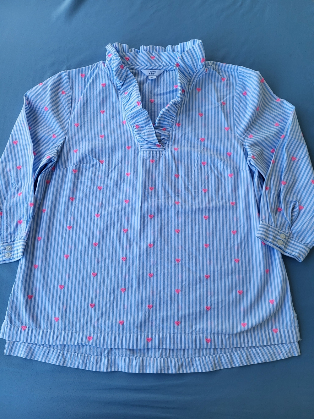 crown & ivy Blue Stripe Tunic Top with Pink Heart Print